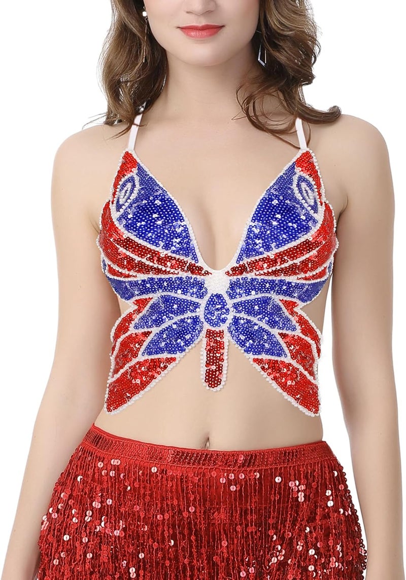 Mocure Womens Glitter Sequin Butterfly Crop Top Low-Cut Tank Top Rave Tube Vest Top for Belly Dance Costume Outfits - Image 2